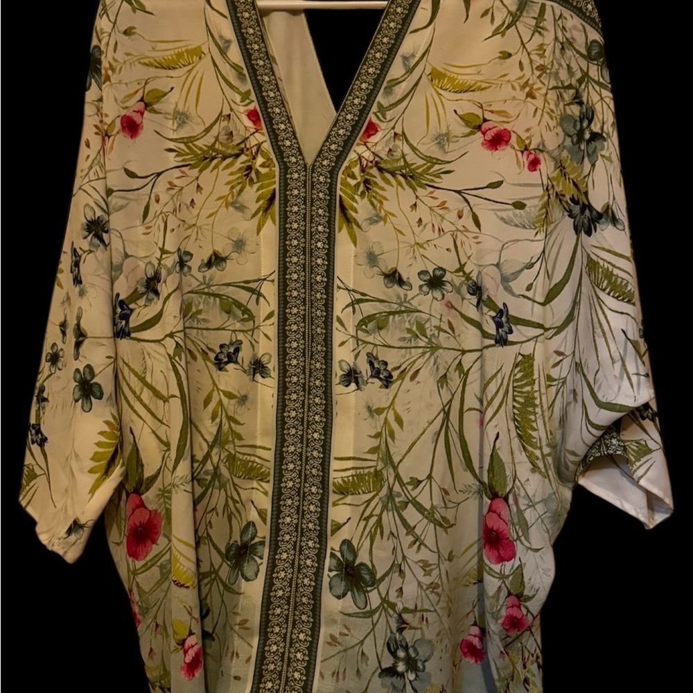 White floral kimono with green and pink accents